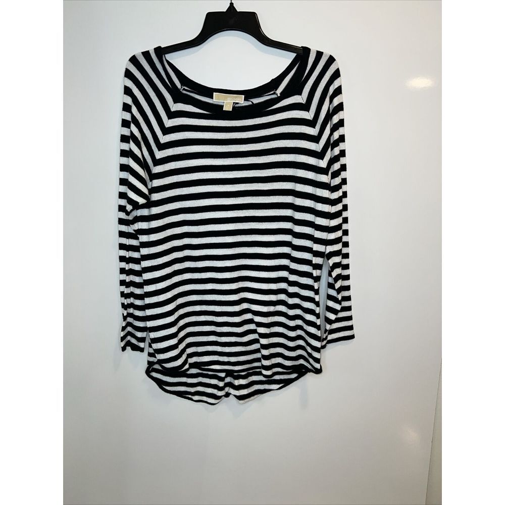 MICHAEL KORS Womens Black&White Striped Long Sleeve Jewel Neck T-Shirt Medium